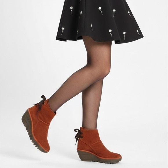 Fly London Women's Yebi Boot Size 8 US/39 EU Red Suede Wedge Platform Booties